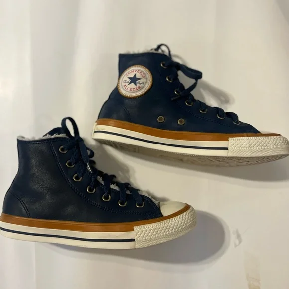 Converse Navy High-Top Sneakers with White Toe and Brown Midsole Trim - Picture 6 of 15